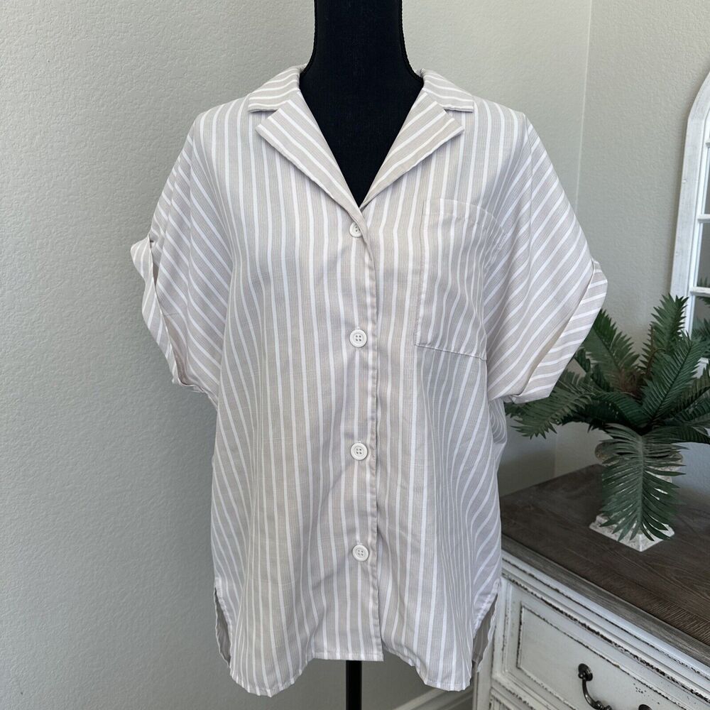 New Mittoshop‎ Women's Button Up Beach Blouse Striped Size Large Loose Fitting